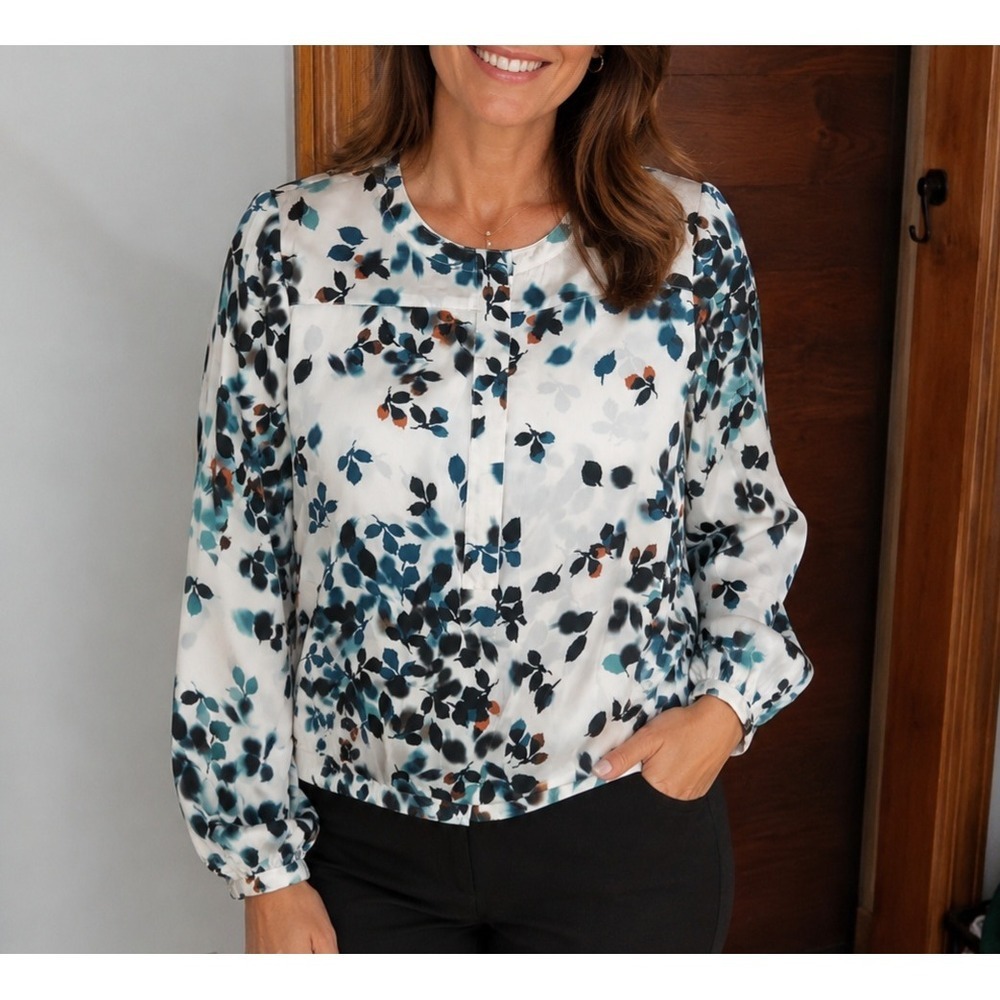 NEW 100% Silk Cream Artsy Blouse 12/Bust 38 Teal Black Long Sleeve Abstract Top